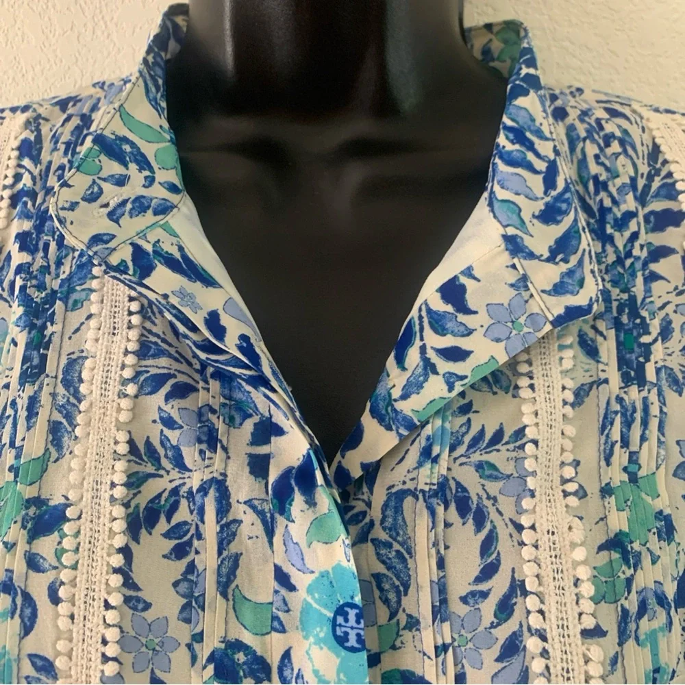 Tory Burch Top Size 2 Silk Floral Print Pompom Trim Button Up Blouse Blue White